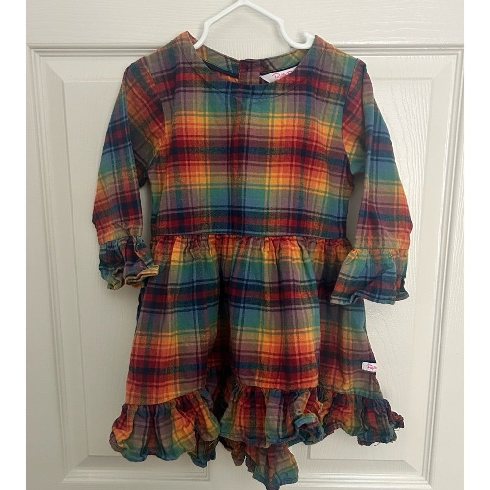 RuffleButts Girls Plaid Ruffle Long Sleeve Dress Size 5 Button Back - Picture 1 of 4